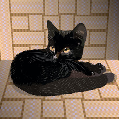 Cute cat vector illustration. A black kitten lies curled up in a ball.