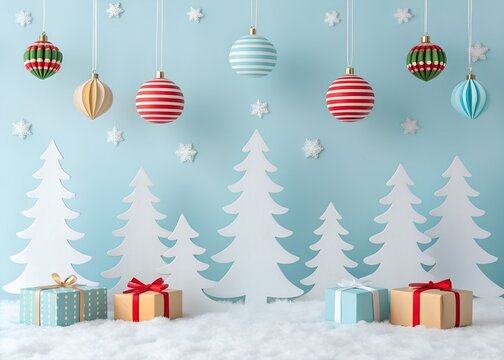 Whimsical paper cut winter wonderland scene with hanging christmas ornaments and festive gifts against a soft blue background celebrating the holiday season - Powered by Adobe