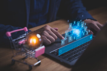 Person using laptop computer with search and shopping cart icons, symbolizing online shopping and e-commerce technology. Concept for digital retail, online marketplace, and electronic payment system.