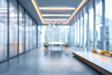 Blurred modern office hallway with city views