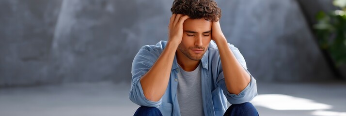 Young caucasian male feeling stressed sitting alone with head in hands