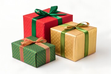 Obraz premium Christmas Gift Boxes – Red, Green and Gold Presents, Festive Wrapping, Holiday Celebration, Ribbon Decorated Packages, Seasonal Joy