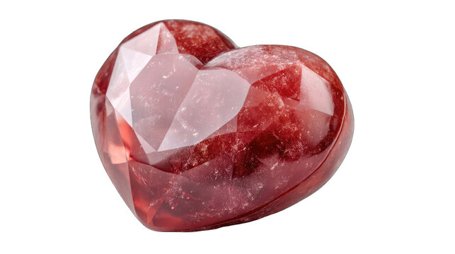 A Faceted Red Heart Shaped Gemstone with Glittering Inclusions and Transparent Background