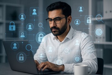 Focused man using laptop with digital cybersecurity interface overlay in modern office environment, symbolizing data protection and privacy online. Ai generative