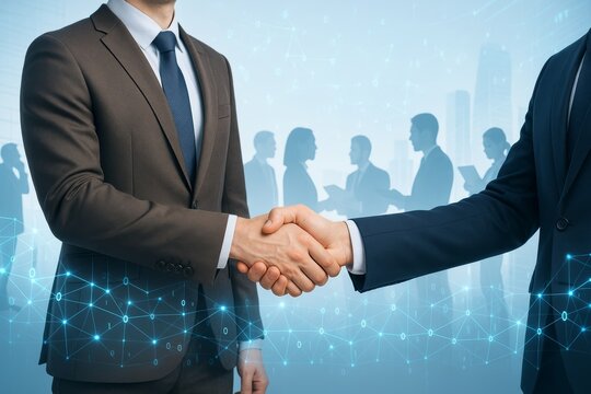 Businessmen handshake with digital network overlay and silhouettes of professionals in background representing partnership and corporate collaboration.. Ai generative