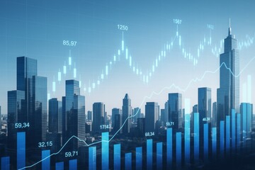 Modern city skyline with financial stock chart overlay illustrating economic growth and business investment trends in blue tone background concept. Ai generative