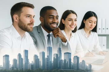 Diverse business team working together in office with futuristic cityscape overlay showing innovation and corporate growth concept in modern workspace. Ai generative