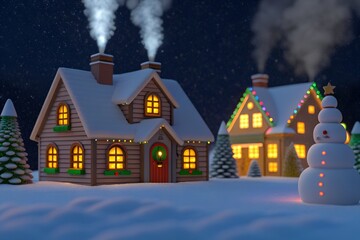 Cartoon Christmas Village – Cozy Snowy Houses, Warm Lights, Festive Night, Winter Holiday Scene, Whimsical Snowman