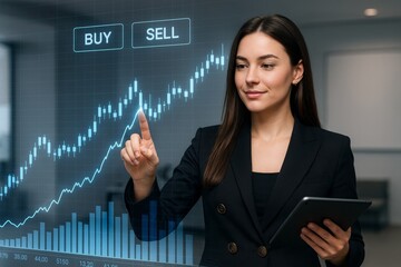 Businesswoman analyzing digital stock market chart with futuristic interface in office environment using tablet and touch screen for financial decisions. Ai generative