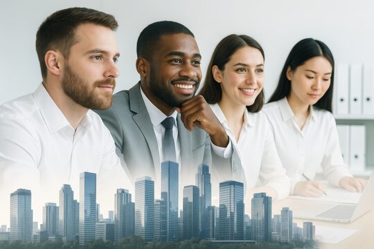 Diverse business team working together in office with futuristic cityscape overlay showing innovation and corporate growth concept in modern workspace. Ai generative
