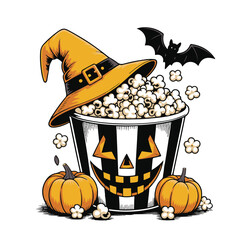 Vector art of halloween popcorn bucket with a carved jack o lantern face, wearing a witch hat, with pumpkins and bats