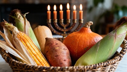A woven basket filled with various vegetables including corn, sweet potatoes, and squash, alongside a menorah with lit candles, symbolizing harvest and celebration.