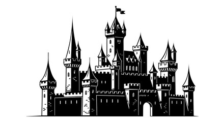 Fototapeta premium Medieval fantasy castle silhouette with tall towers and flag on Transparent background