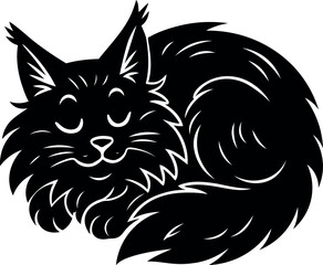 Cozy Curled Up Black Maine coon cat Illustration
