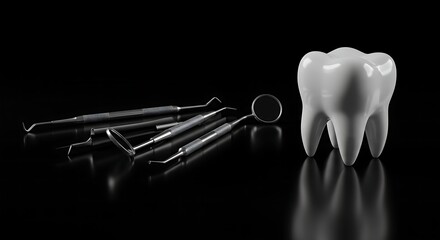 Modern dental tools and tooth model against black background, promoting oral care and healthy smiles