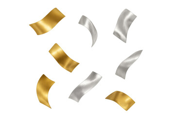 Gold and silver metallic confetti falling, capturing festive celebration moments on transparent background