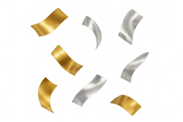 Gold and silver metallic confetti falling, capturing festive celebration moments on transparent background