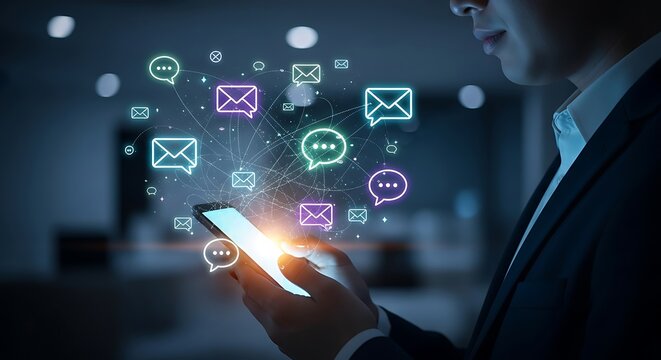 Business person holding smartphone with glowing communication network