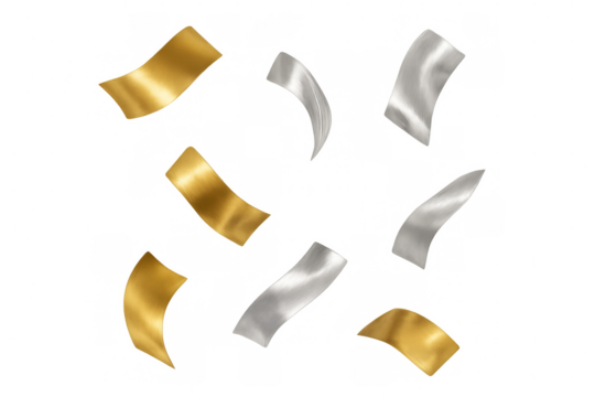 Gold and silver metallic confetti falling, capturing festive celebration moments on transparent background