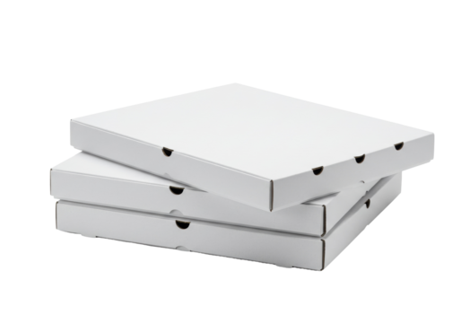 Stack of three blank pizza boxes isolated, cardboard containers for takeaway food delivery and storage on a clean backdrop