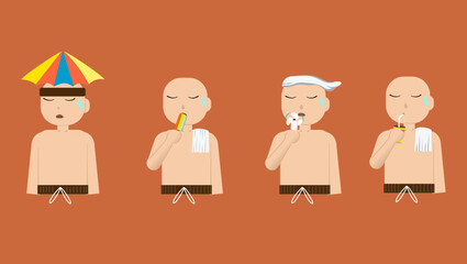 A lightweight illustration showing a bald man in swim trunks at the beach, cooling off through a popsicle, a towel, and a drink. Expresses summer heat, refreshment, and simple daily routines.