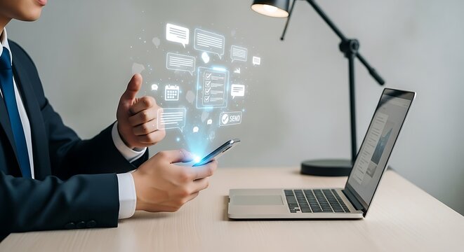 Person interacting with digital messages on smartphone in office