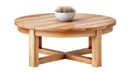 A Rustic Round Wooden Coffee Table with a Bowl of Toppings on a Transparent Background
