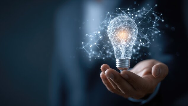 Hand holding a glowing lightbulb with network connections