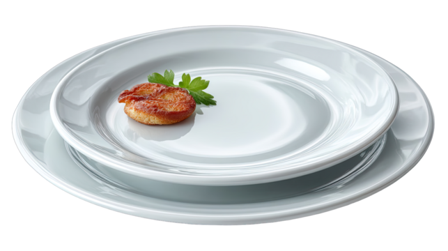 A Single Bite Of Food Garnished With Parsley Sitting Centered On A Stack Of Three Clean White Ceramic Plates In A Studio Setting With Soft Lighting