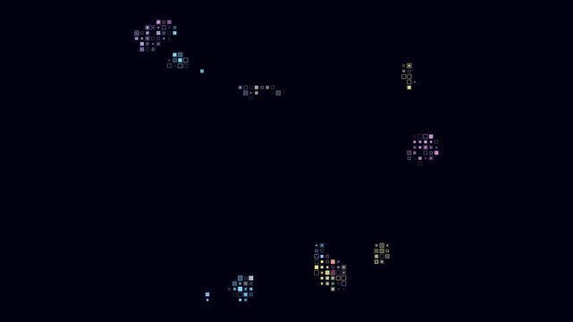 Cabo Verde map animation. Shape of the country with pulsating colored dots. Small size square blocks. Digital style Cabo Verde map on dark background. Beautiful video.