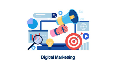 Modern Digital Marketing Illustration – Social Media Strategy and Online Advertising Concept