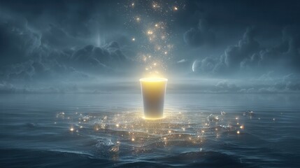 Surreal glowing lemonade cup floating above sparkling waters at twilight dreamlike fantasy art astral scene