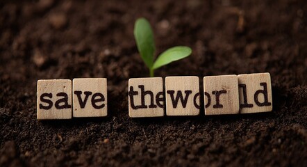 Environmental protection concept banner: wooden text "save the world" with green sprout on brown soil background, close-up, high detail, cinematic lighting, suitable for environmental promotion