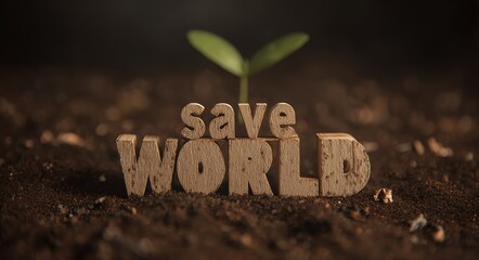 Environmental protection concept banner: wooden text "save the world" with green sprout on brown soil background, close-up, high detail, cinematic lighting, suitable for environmental promotion