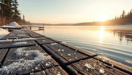 Tranquil scene with frosted wooden planks of a dock along a calm lake during a gentle winter sunrise