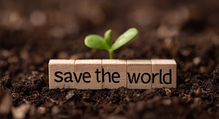 Environmental protection concept banner: wooden text "save the world" with green sprout on brown soil background, close-up, high detail, cinematic lighting, suitable for environmental promotion