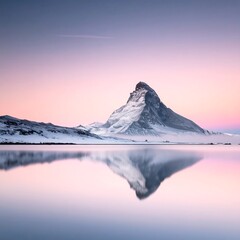 Snowy peak mirrored in calm lake, pastel sunrise