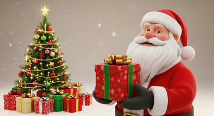 Santa claus holding present with christmas tree and gifts. Holiday celebration concept.
