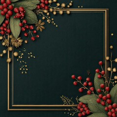 Elegant dark-green frame, adorned with red berries and gold-toned foliage