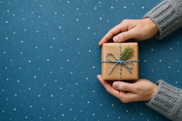 Hands holding a wrapped Christmas gift with ribbon and pine twig on snowy blue background capturing cozy winter holiday atmosphere in festive style. Ai generative