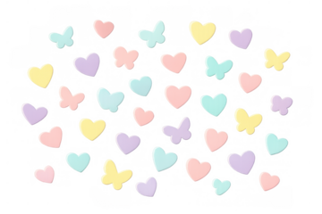 Pastel hearts and butterflies forming a seamless cute pattern, transparent background for sweet design elements