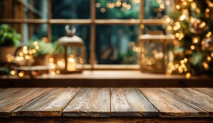 Rustic wooden table in front of a winter window display
