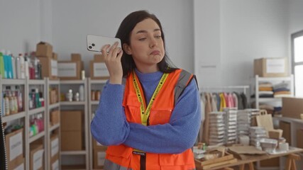 Woman volunteer wearing orange vest speaking on phone indoors with shelves in background highlighting her dedication and focus on volunteering and organization within the room. - Powered by Adobe