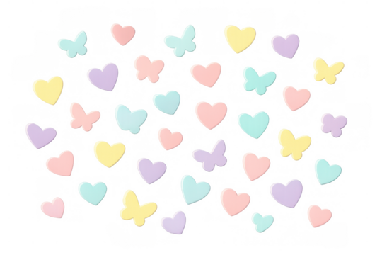 Pastel hearts and butterflies forming a seamless cute pattern, transparent background for sweet design elements