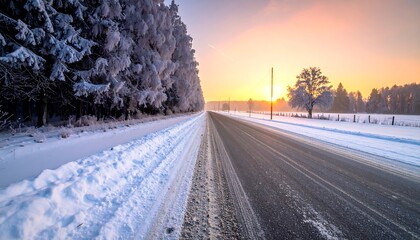 Snowy road at sunrise through frosted trees