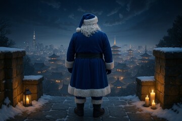 Santa Claus in blue suit overlooking snowy Asian city with pagodas and modern skyline during peaceful Christmas night from candlelit stone terrace. Ai generative