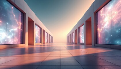 Architectural hallway with windows displaying cosmos, leading to a soft light horizon over textured tiles