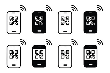 Digital Wallet QR Code and Pay Icons,  Set of vector smartphone payment symbols featuring QR code scanners, barcode frames