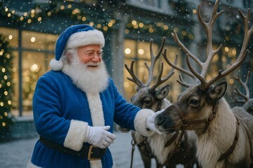 Santa Claus in blue outfit smiling and petting reindeer during snowfall with festive Christmas lights in the background. Ai generative. Ai generative