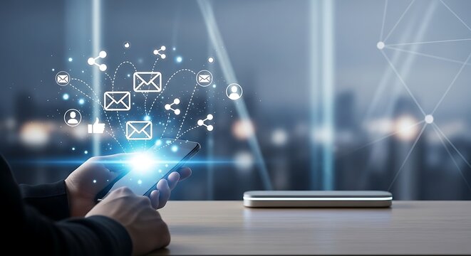 Person using a smartphone with glowing digital communication icons